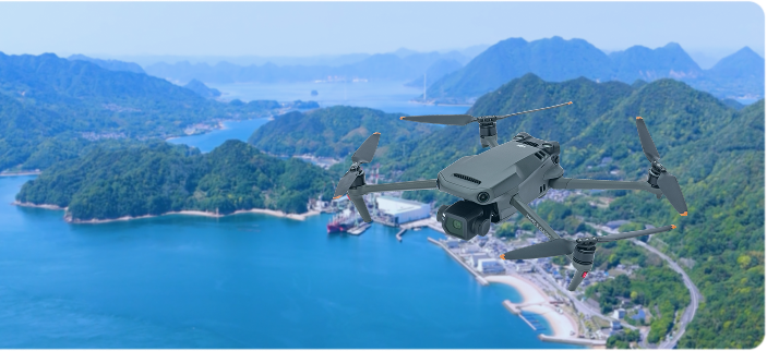 島上空を飛行するドローン